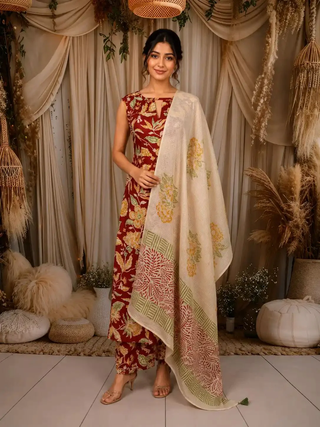 Red Floral Printed Design Cotton Anarkali Salwar Suit with Printed Dupatta
